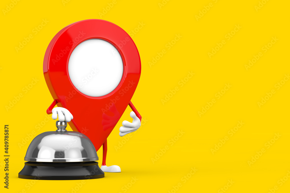 Red Map Pointer Target Pin Character Mascot with Hotel Service Bell Call. 3d Rendering
