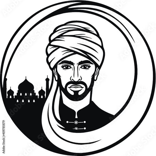Animation portrait of the Arab man in a turban. Monochrome drawing. The vector illustration isolated on a white background.
