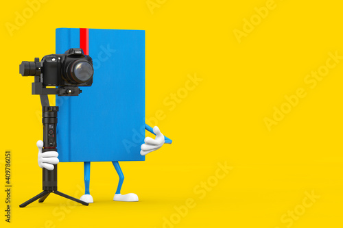 Blue Book Character Mascot with DSLR or Video Camera Gimbal Stabilization Tripod System. 3d Rendering