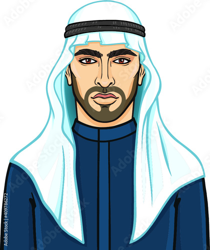 Portrait of the young attractive Arab man in a keffiyeh. he vector illustration isolated on a white background.