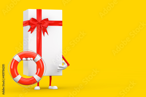 White Gift Box and Red Ribbon Character Mascot with Life Buoy. 3d Rendering © doomu