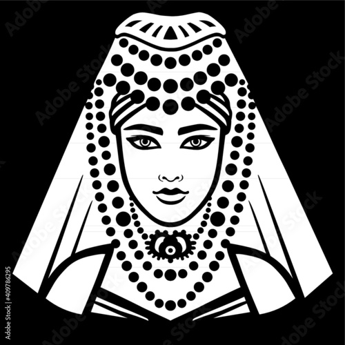 Animation portrait of the Arab  girl in ancient clothes. White drawing isolated on a black background. Vector illustration.