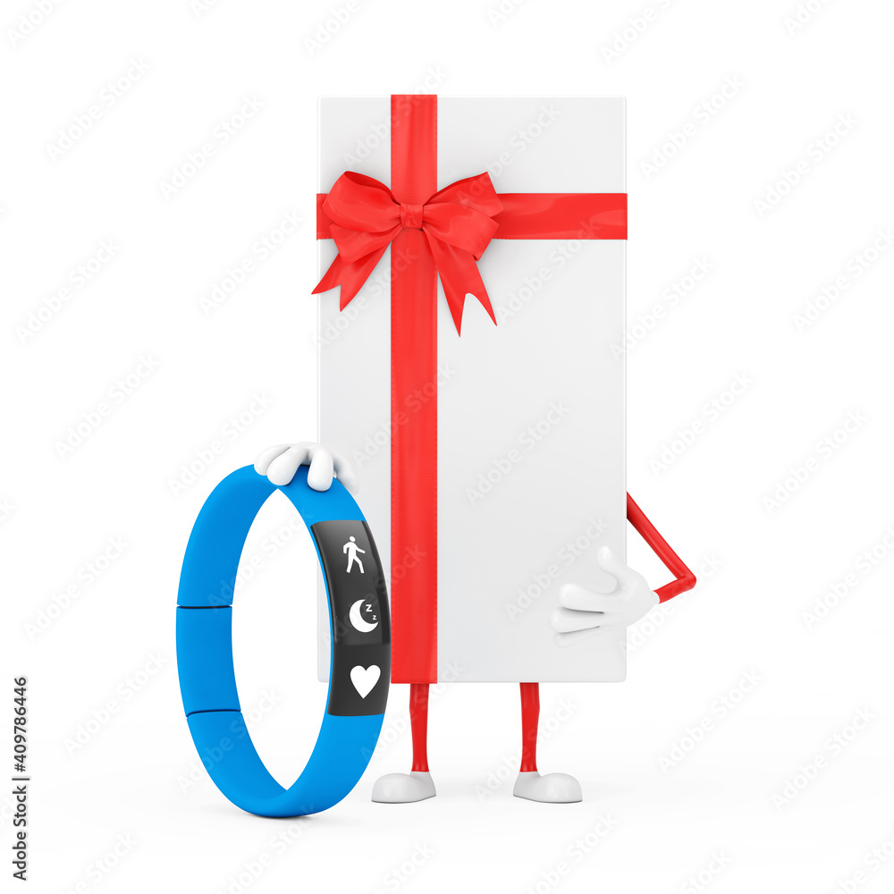 White Gift Box and Red Ribbon Character Mascot with Blue Fitness Tracker. 3d Rendering White Gift Box and Red Ribbon Character Mascot with Blue Fitness Tracker. 3d Rendering