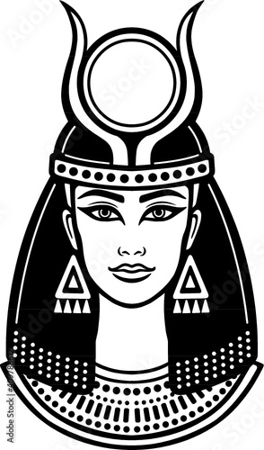 Animation portrait of the ancient Egyptian horned goddess. The linear drawing isolated on a white background. Vector illustration.