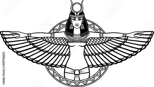 Animation portrait of the ancient Egyptian winged goddess. The linear drawing isolated on a white background. Vector illustration, be used for coloring book.