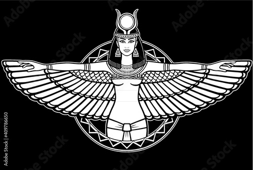 Animation portrait of the ancient Egyptian winged goddess. The white drawing isolated on a black background. Vector illustration.