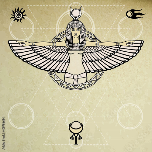 Animation portrait of the ancient Egyptian winged goddess.  Space symbols. Sacred geometry. Vector illustration. A background - imitation of old paper. The place for the text.