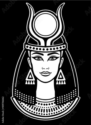 Animation portrait of the ancient Egyptian horned goddess.  The white drawing isolated on a black background. Vector illustration.