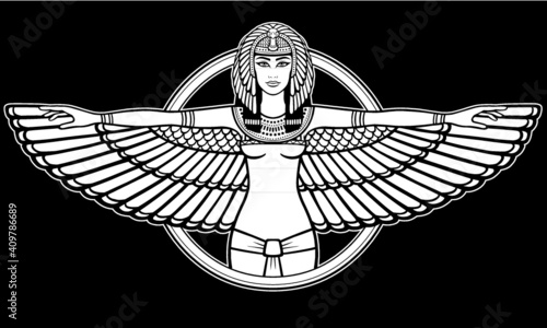 Animation portrait of the ancient Egyptian winged goddess. The white drawing isolated on a black background. Vector illustration.