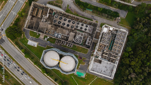 Aerial View of chiller and cooler fan on top of building for industrial purpose.