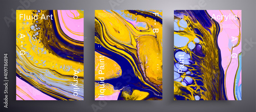 Abstract acrylic poster, fluid art vector texture pack. Trendy background that can be used for design cover, invitation, presentation and etc. Yellow, navy blue and pink creative iridescent artwork