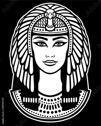 Animation portrait of the beautiful Egyptian woman. The white image isolated on a black background. Vector illustration.  Print, poster, t-shirt, tattoo.