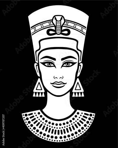 Animation portrait of the beautiful Egyptian woman. The white image isolated on a black background. Vector illustration.  Print, poster, t-shirt, tattoo.