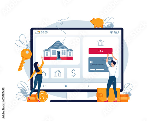 Buying a house online vector illustration. Couple touching the button on monitor screen, buy a home paying by credit card. Tiny people, piggy bank. Property online purchase concept. Modern flat design