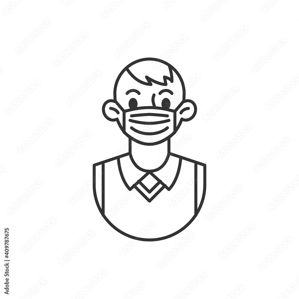 School boy in medical mask line icon. linear style sign for mobile concept and web design. Young man face mask outline vector icon. Symbol, logo illustration. Vector graphics School boy in medical mask line icon. linear style sign for mobile concept and web design. Young man face mask outline vector icon. Symbol, logo illustration. Vector graphics