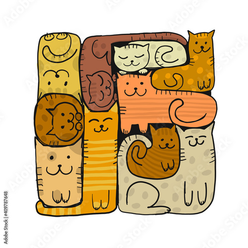 Pazzle with funny cats. Cats House. Sketch for your design