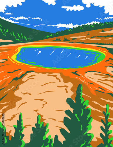 Grand Prismatic Spring in Yellowstone National Park in Teton County Wyoming WPA Poster Art