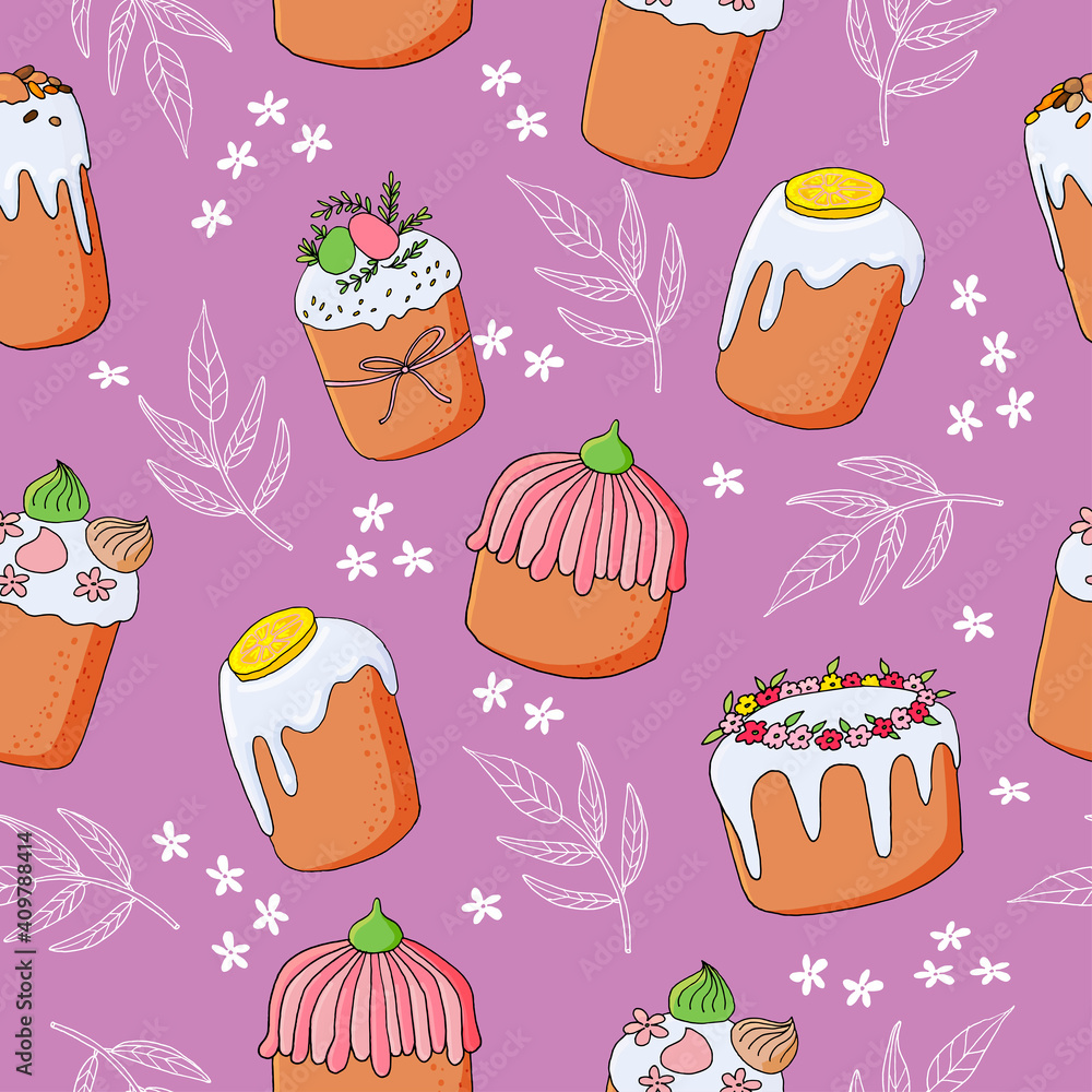 Seamless pattern on the Easter theme. Delicious pastries, cakes, gingerbread, cookies on a lavender background. Seamless pattern on the Easter theme. Delicious pastries, cakes, gingerbread, cookies on a lavender background.