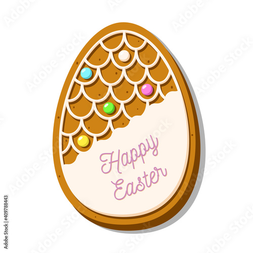 Cute Easter egg-shaped cookies. Gingerbread with glaze isolated on white background. A holiday of religion. Vector illustration