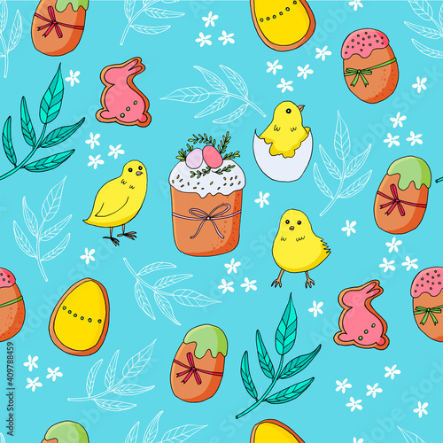 Seamless pattern with little yellow chicks. Easter blue background. Delicious pastries. Beautiful design for holiday packaging or printing on fabric.