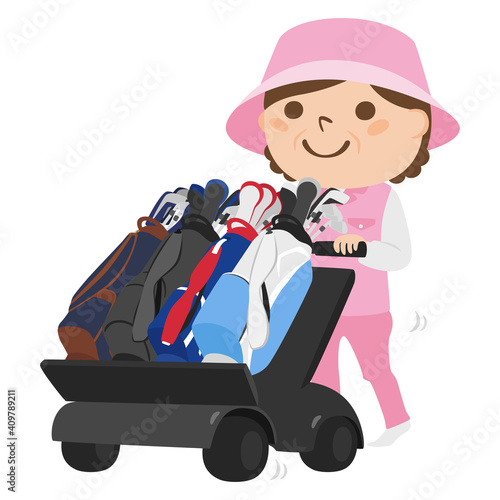 ゴルフ場で働く女性キャディのイラスト。キャディバッグを乗せたカートを押す女性。