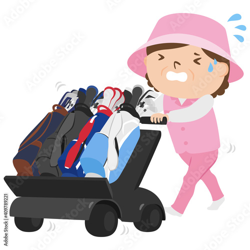 ゴルフ場で働く女性キャディのイラスト。キャディバッグを乗せた重いカートを押して疲れてる女性。