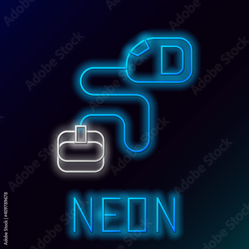 Glowing neon line Retractable cord leash with carabiner icon isolated on black background. Pet dog lead. Animal accessory for outdoors walk. Colorful outline concept. Vector.