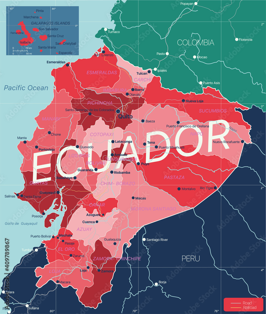 Ecuador country detailed editable map with regions cities and towns