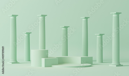 Podium pedestal in ancient Greek style. Minimal scene in pastel blue and green with marble colonnade and classic columns. Trendy 3d render for social media  promotion  cosmetic product show.  