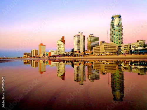 Beach and Skyline of Tel Aviv and Reflection in Water at Dusk - Tel Aviv, Israel