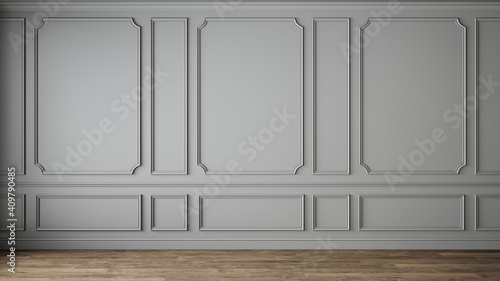 Modern classic gray empty interior with wall panels molding and wooden floor. 3d render illustration mock up.