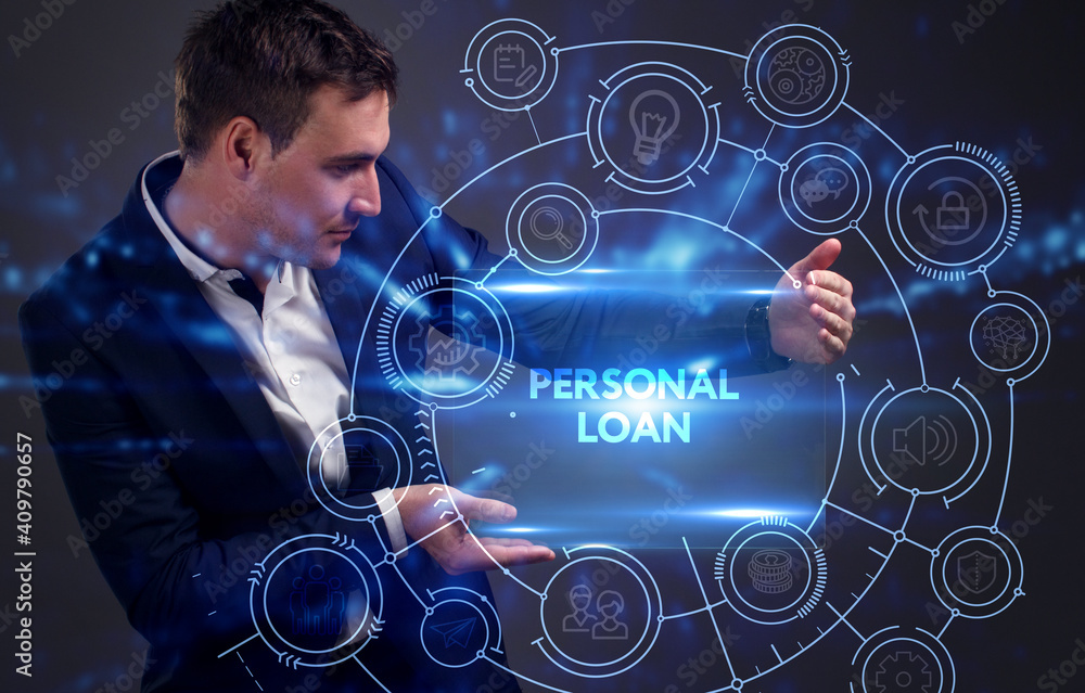 Business, Technology, Internet and network concept. Young businessman working on a virtual screen of the future and sees the inscription: Personal loan Business, Technology, Internet and network concept. Young businessman working on a virtual screen of the future and sees the inscription: Personal loan