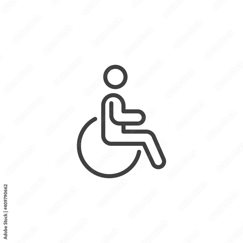 Handicapped person line icon. Disabled man linear style sign for mobile concept and web design. Accessibility wheelchair outline vector icon. Symbol, logo illustration. Vector graphics Handicapped person line icon. Disabled man linear style sign for mobile concept and web design. Accessibility wheelchair outline vector icon. Symbol, logo illustration. Vector graphics