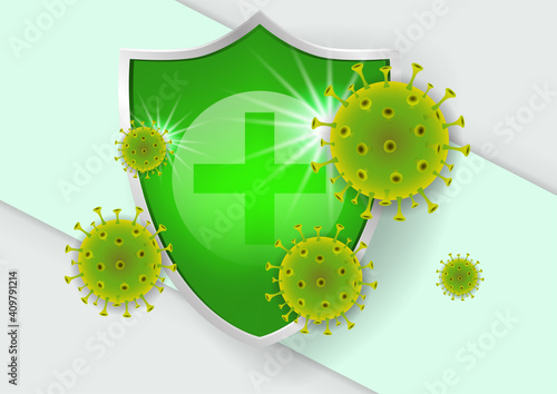 Concept with a medical shield and viruses.