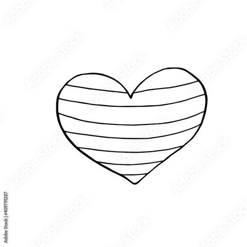 Simple hand drawn outline decorative heart isolated in doodle style. Pattern of lines. Design element, symbol of love