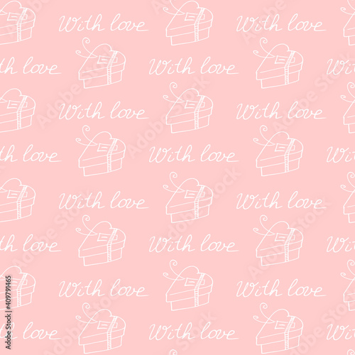 Vector seamless pattern with gift boxes in shape of heart and handwritten lettering- with love. Holiday background texture. For wrapping paper, greeting card, wedding, birthday, Valentine's Day