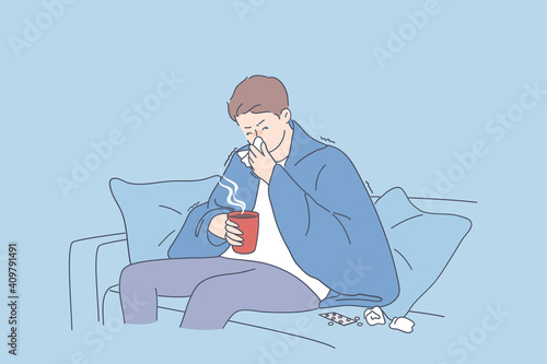 Flu, fever, infection concept. Sad man cartoon character sitting on sofa in warm blanket with hot drink and feeling ill sick and flu sneezing vector illustration 