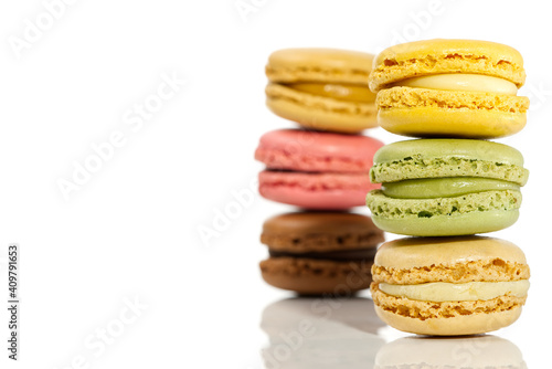Macaron. Traditional french colorful macarons close up, macro isolated on white