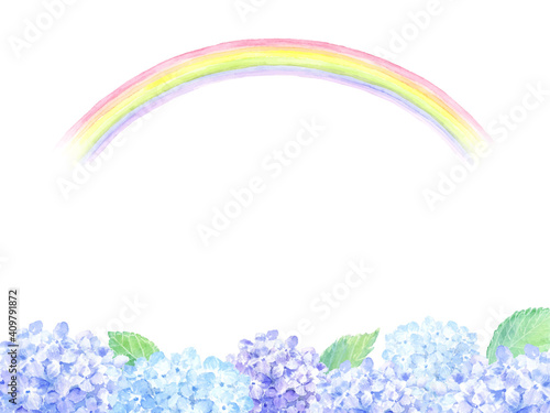 虹とあじさい　水彩イラスト