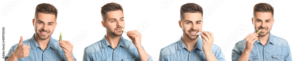 Handsome young man with lip balm on white background Handsome young man with lip balm on white background