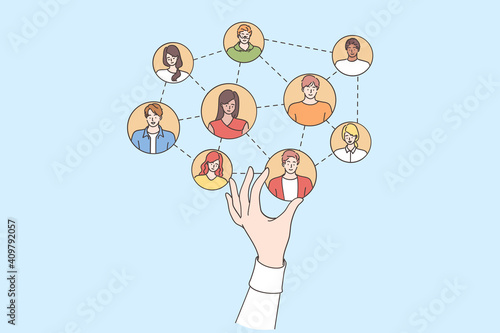Professional recruitment and hiring concept. Human resources manager hand choosing building team members online making selection for work project team vector illustration 