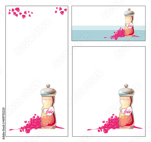 Valentine's Day. Postcards and banners of different shapes.The elixir of love. Love. For lovers. A bottle of spices.A handful of hearts.Cuisine, food, condiments.Sharpness of the senses.