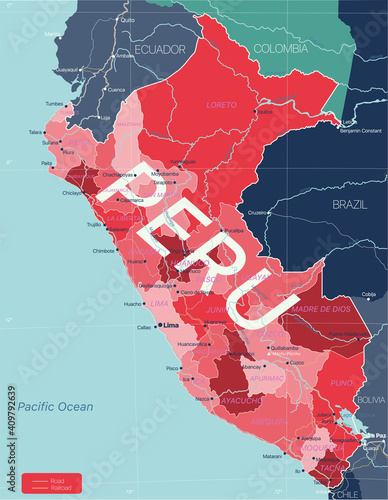 Peru country detailed editable map with regions cities and towns, roads and railways, geographic sites. Vector EPS-10 file