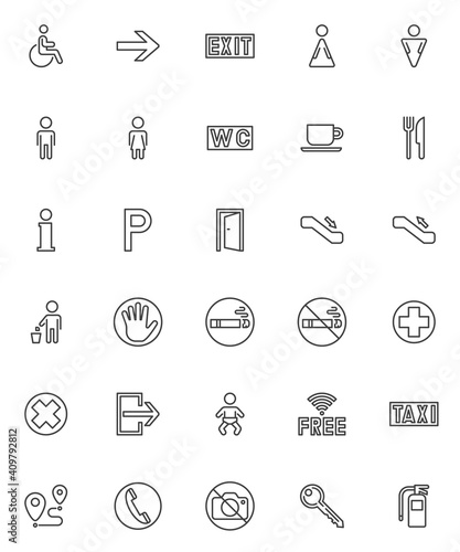 Public navigation signs line icons set. linear style symbols collection, outline signs pack. vector graphics. Set includes icons as door exit, WC, elevator, escalator stairs, parking, free wifi zone