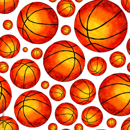 Seamless background with a basketball ball. Watercolor illustration. Perfect for wallpapers, covers, wrapping, packaging, fabric design and any kind of decor. Isolated on white background. © AliCris