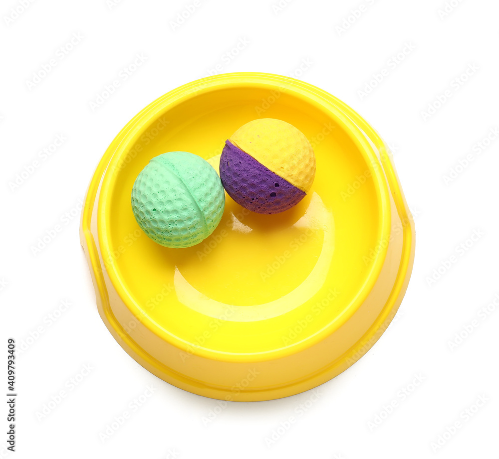 Bowl for pet food and balls on white background Bowl for pet food and balls on white background