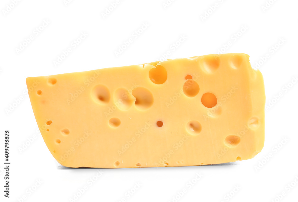 Piece of tasty cheese on white background