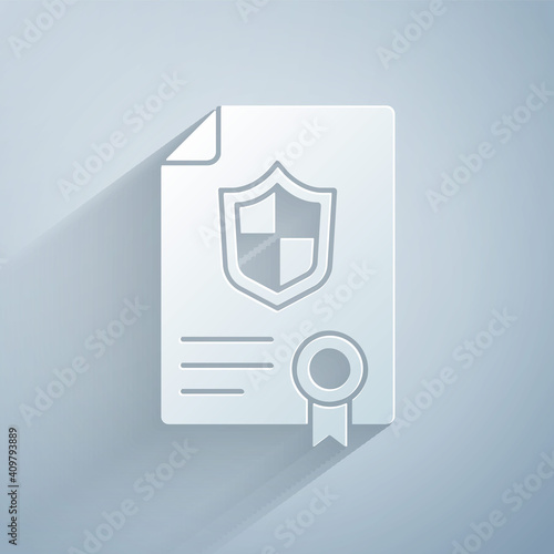 Paper cut Contract with shield icon isolated on grey background. Insurance concept. Security, safety, protection, protect concept. Paper art style. Vector.