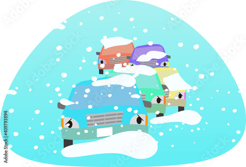 大雪・吹雪で立ち往生する車の列
