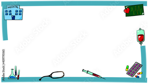 blue frame of hospital with syringe medicines stethoscope